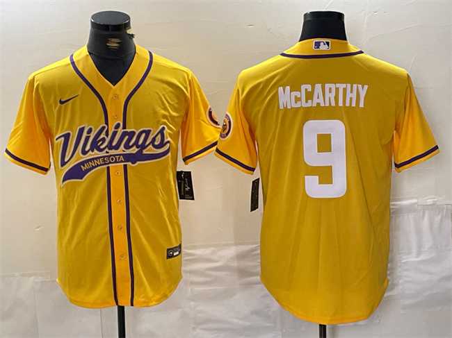 Men%27s Minnesota Vikings #9 J.J. McCarthy Yellow Cool Base Stitched Baseball Jersey->los angeles rams->NFL Jersey